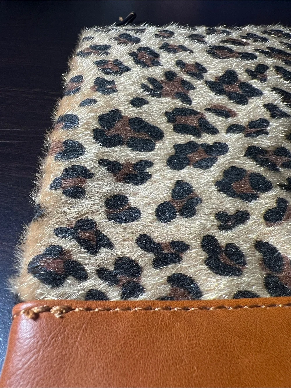 Leopard Print Zip Clutch with Tan Faux-Leather Trim